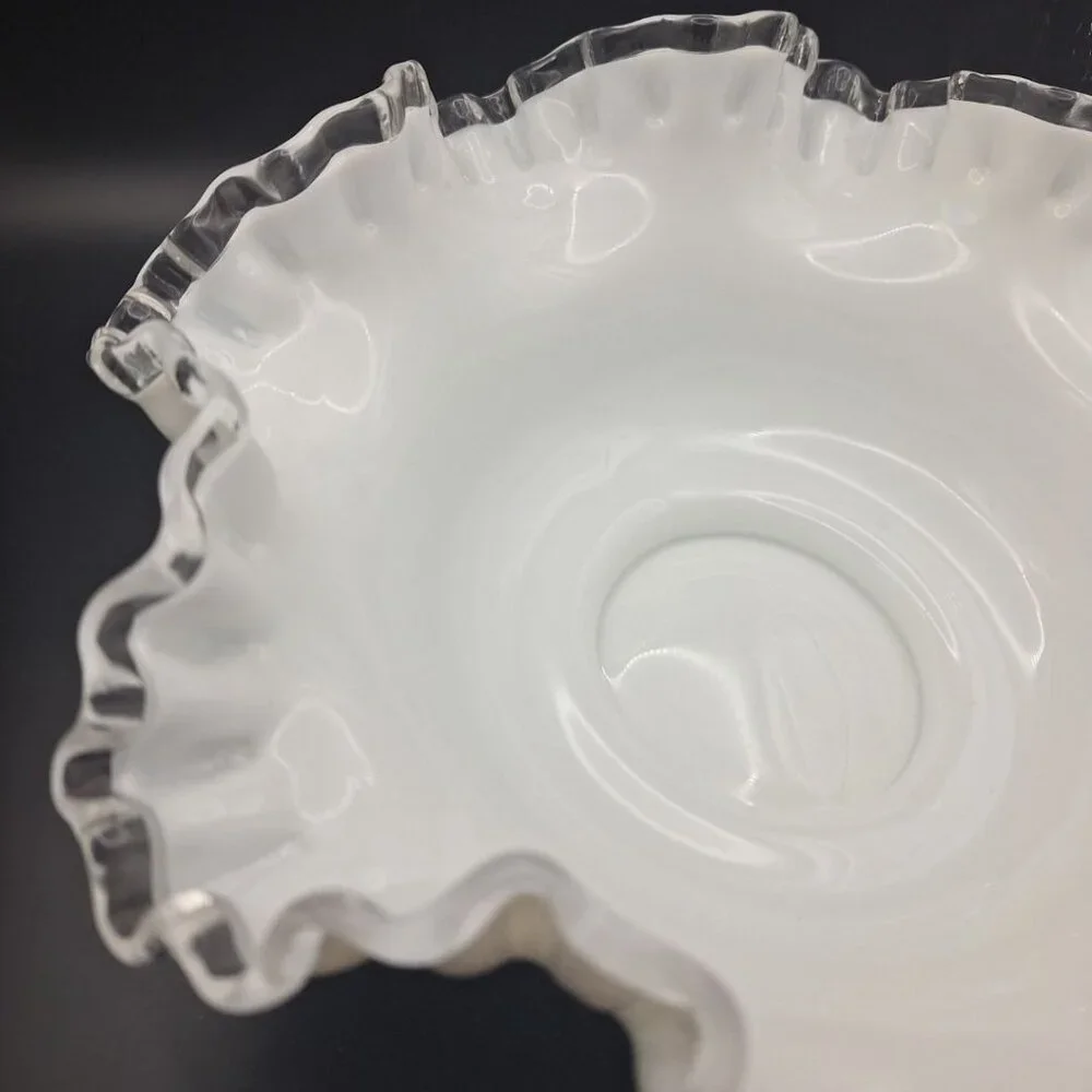 Fenton Silver Crest Ruffle‎ Bowl White Milk Glass Clear Edge 10 Inch Unmarked